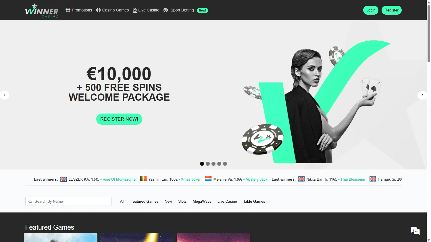 Winner Casino desktop home screen with casino access and welcome offer