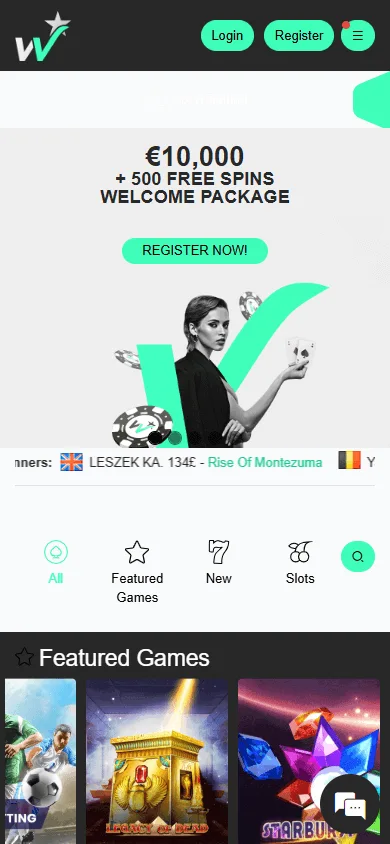 Winner Casino mobile website home screen for casino play